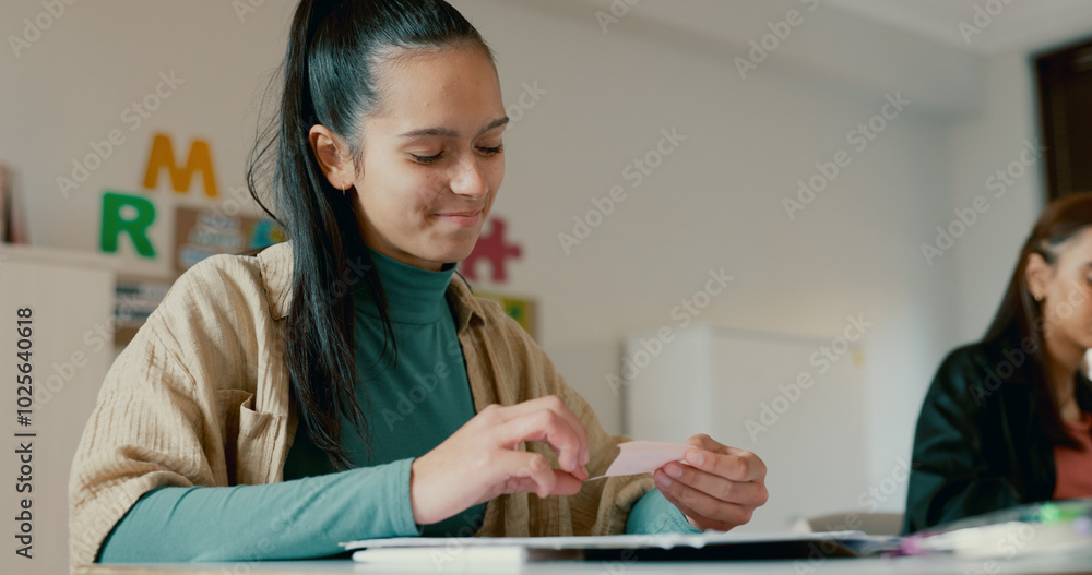 Poster Note, message and education with girl in classroom for learning, secret and scholarship. Letter, knowledge and future with student and paper in high school for solution, studying and problem solving