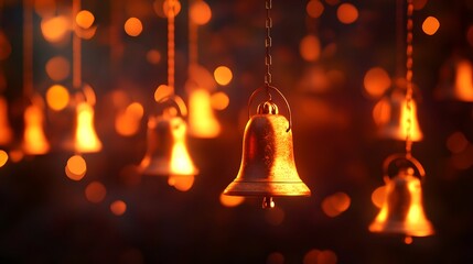 Obraz premium Hanging bells glowing in warm tones: Softly glowing hanging bells in warm colors, gently suggesting the calming sound of soft chimes