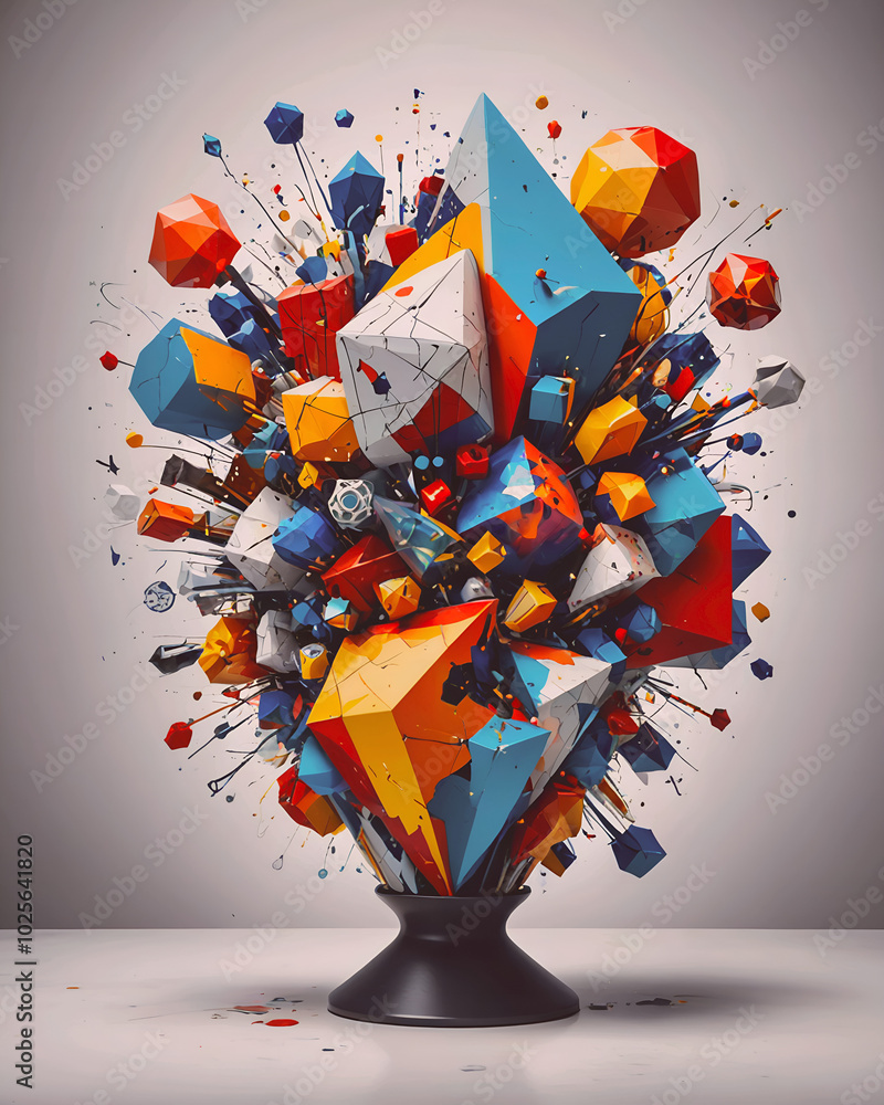 Poster colorful 3d cubes exploding in a vase on grey background