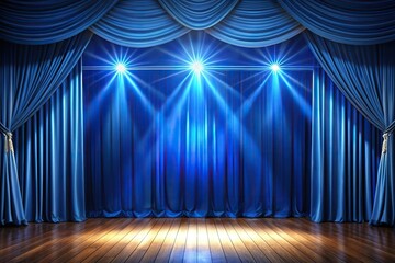 Empty theater stage with blue velvet curtains and spotlight by award ceremony background panoramic