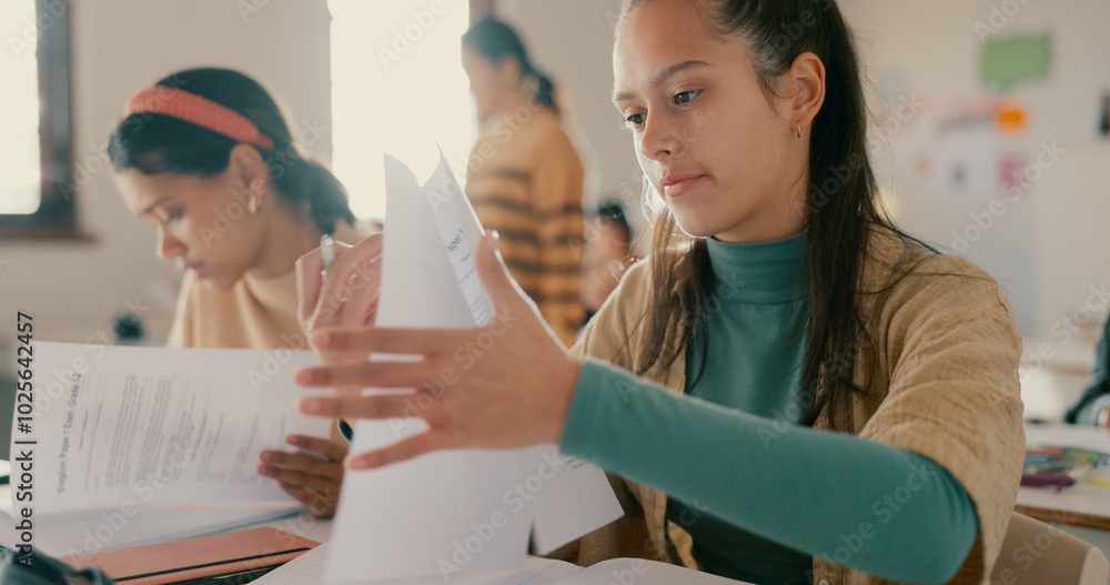 Poster Education, school and students with notes in classroom with studying for test, exam or assignment. Learning, girls and friends working on team project together with books for information at academy.