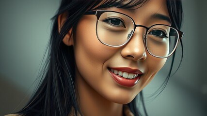 Fototapeta premium Photorealistic Close-Up of an Asian Woman Using Facial Recognition Technology in Architectural Context