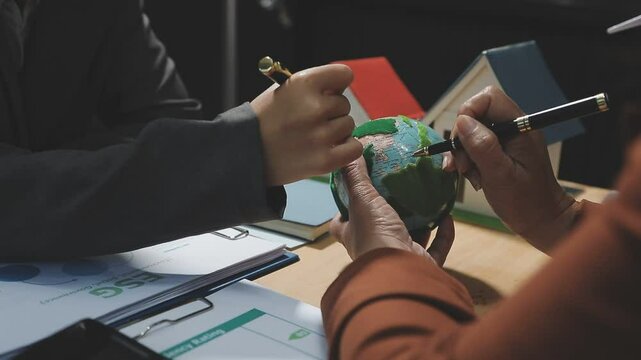 Business people having consultation about wind energy at company office. Business team discussing about windmill and alternative green enery. Net zero and carbon neutral concept