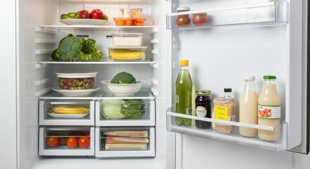 Open refrigerator with various fruits, vegetables, beverages, and containers Provides organized food storage Suitable for home use