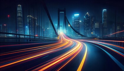 Fototapeta premium Neon Speed Trail on a Black Road