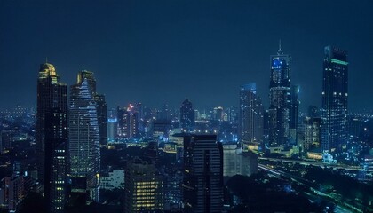 Fototapeta premium Tall buildings rise, piercing the clouds. 