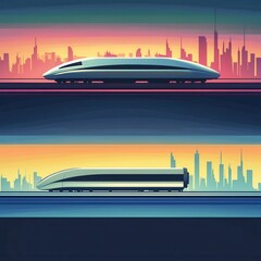 Fototapeta premium Sleek bullet train speeding through city vector art set, with copy space