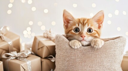 Adorable kitten surrounded by gift-wrapped packages