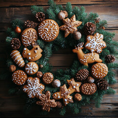 Fototapeta premium Delight in this festive Christmas wreath adorned with gingerbread cookies, silver stars, and pine cones, creating warm and joyful holiday atmosphere