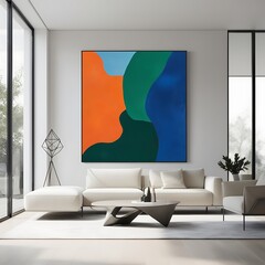 Minimalist Scandinavian living room, abstract wall art with geometric designs