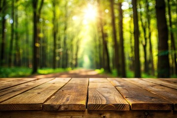 Empty wooden table with forest background, blurred effect