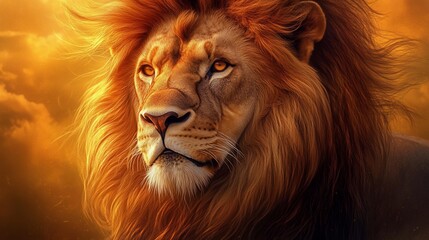 Naklejka premium A majestic lion with a golden mane, gazing intensely, against a backdrop of fiery clouds.