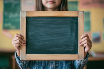 Teacher holding blank chalkboard, with copy space