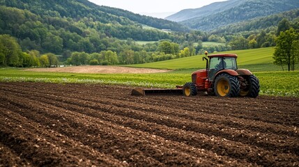Fototapeta premium A red tractor plows a field in a valley, preparing the soil for planting, with green hills in the background.
