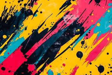 Geometric abstract design with distressed urban motif ideal for fabric or gift wrap. A colorful painting with splatters of paint all over it Generative Ai
