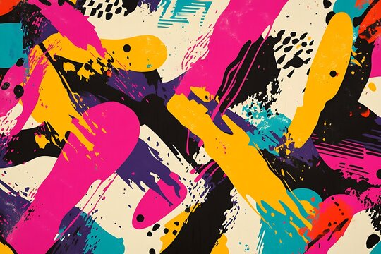 Geometric abstract design with distressed urban motif ideal for fabric or gift wrap. A colorful painting with splatters of paint all over it Generative Ai
