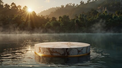 Floating Marble Podium Above Misty Waters at Sunrise – Perfect for Luxury Product Mockups