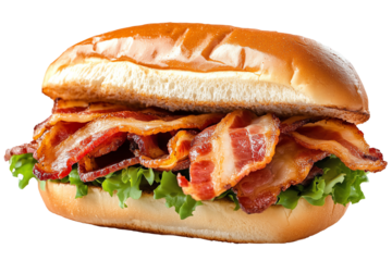 Bacon Sandwich Delight: Crispy bacon, fresh lettuce nestled in a soft roll. A mouthwatering close-up shot of a classic bacon sandwich, perfect for menus, blogs, or food advertising.