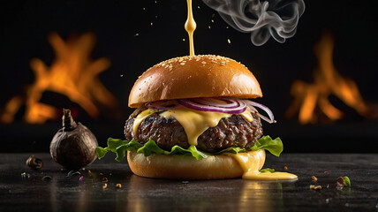 An indulgent, cheese-stuffed burger with layers of crispy fried onions, pickles, and dripping barbecue sauce.