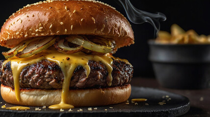 An indulgent, cheese-stuffed burger with layers of crispy fried onions, pickles, and dripping barbecue sauce.