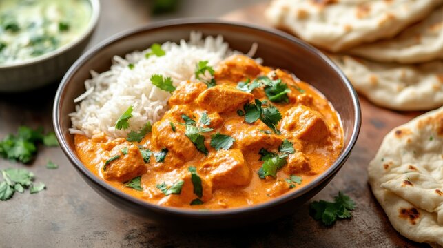 Creamy Butter Chicken Served with Basmati Rice and Naan on a Rustic Table