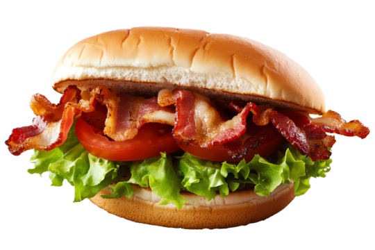 Bacon Cheeseburger Delight:  A mouthwatering close-up of a classic bacon cheeseburger, with crispy bacon, juicy tomato, and fresh lettuce nestled in a golden bun.  The perfect image for food blogs.