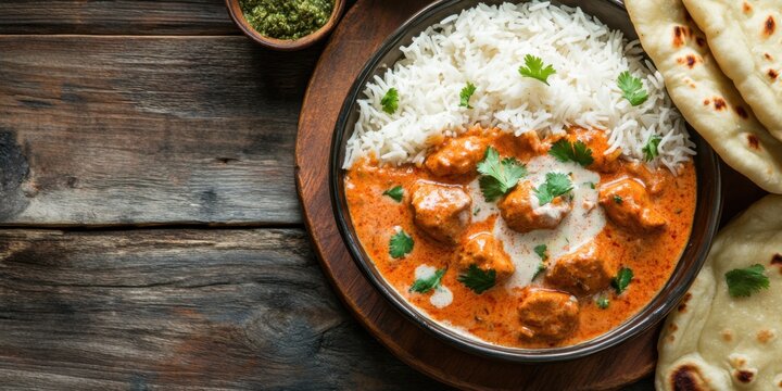 Creamy Butter Chicken Served with Basmati Rice and Naan on a Rustic Table