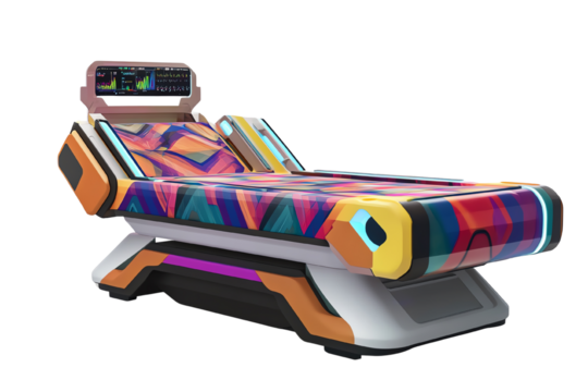 Futuristic Massage Bed: A vibrant and futuristic massage bed with a colorful, geometric design. This bed features a sleek, modern aesthetic, creating a sense of relaxation and well-being.