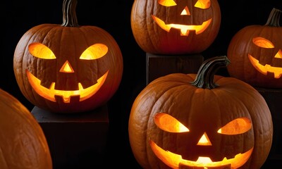 Jack O&rsquo; Lanterns, Carved Halloween Pumpkin on black background