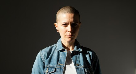 Obraz premium Young person with shaved head, denim jacket, confident look