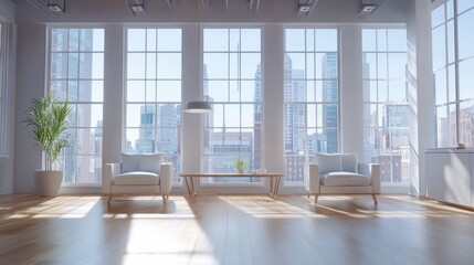 Illustrate a modern loft apartment in 3D with chic furniture and large windows.