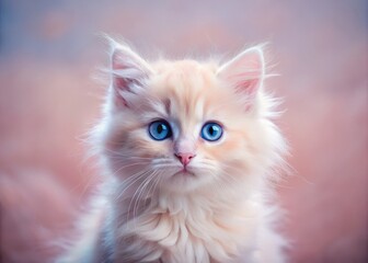 Adorable Pink Fluffy Kitten with Bright Blue Eyes in Minimalist Style Photography