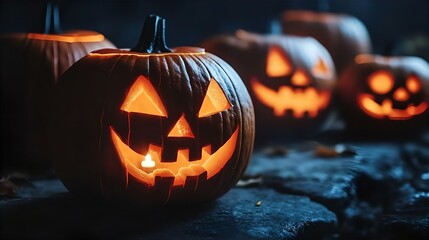 Halloween scene featuring a glowing pumpkin with a spooky face, surrounded by bats, set against a dark night background, perfect for autumn celebrations

