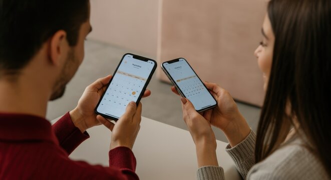 Man and woman using smartphones to check their calendars together indoors