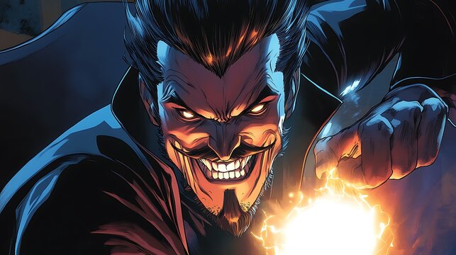 Retro comic book villain with sharp lines and dramatic shading, wearing a dark costume, sinister grin, holding a glowing object while plotting in a classic comic book panel layout 