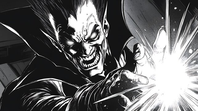 Retro comic book villain with sharp lines and dramatic shading, wearing a dark costume, sinister grin, holding a glowing object while plotting in a classic comic book panel layout 
