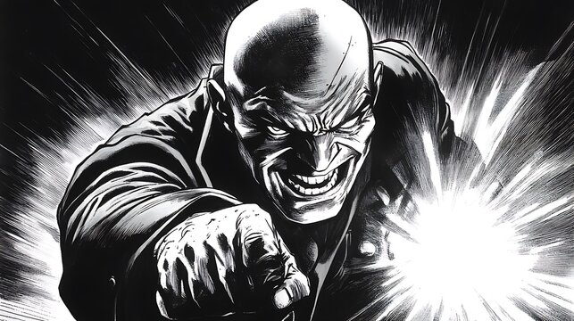 Retro comic book villain with sharp lines and dramatic shading, wearing a dark costume, sinister grin, holding a glowing object while plotting in a classic comic book panel layout 