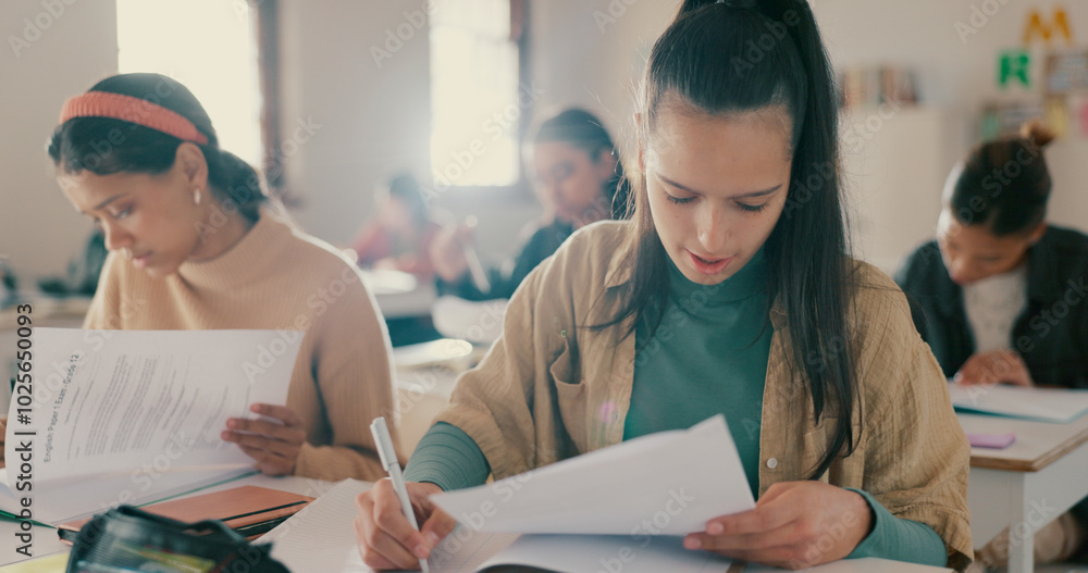 Poster education, writing or students in high school for exam, assignment or knowledge development in test.