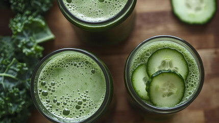 Fresh green juice in three glasses with cucumber, kale, and spinach on a wooden surface. The drink looks rich and healthy, with foam on top