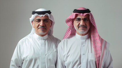 two individuals wearing traditional Saudi Arabian attire, standing side by side with expressions of pride and confidence
