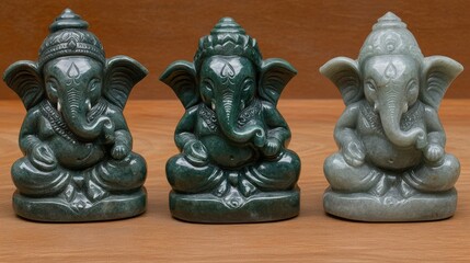 Three statues of ganesha are sitting on a wooden table