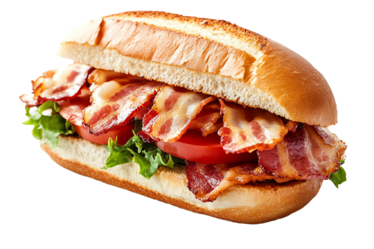 Crispy Bacon BLT: A mouthwatering close-up of a classic BLT sandwich, featuring crispy bacon, juicy tomato, crisp lettuce, and a toasted hoagie roll.