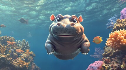 A tiny glossy-skinned hippo with big innocent eyes and a playful grin swimming through a coral-filled ocean