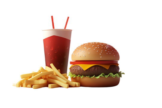 Juicy Burger Combo: 3D Render of a Classic Cheeseburger, Crispy French Fries, and a Refreshing Soda.  A mouthwatering visual feast for fast food lovers and advertising campaigns.