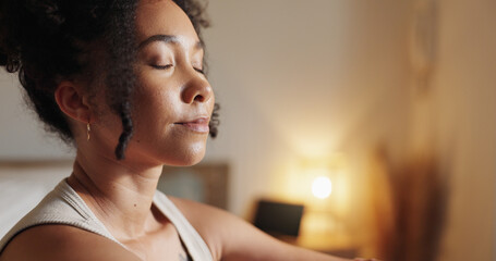 Woman, calm and yoga in home for meditation, mindfulness and holistic health with peace. Female person, fitness and relax in apartment for zen, chakra and healthy mind with wellness exercise