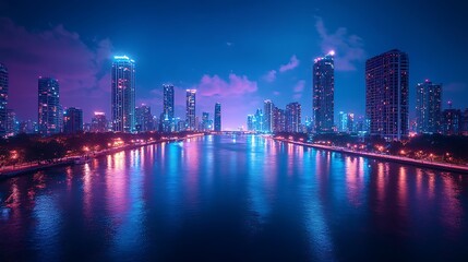 Fototapeta premium A modern city skyline with colorful lights reflected in a river at night.