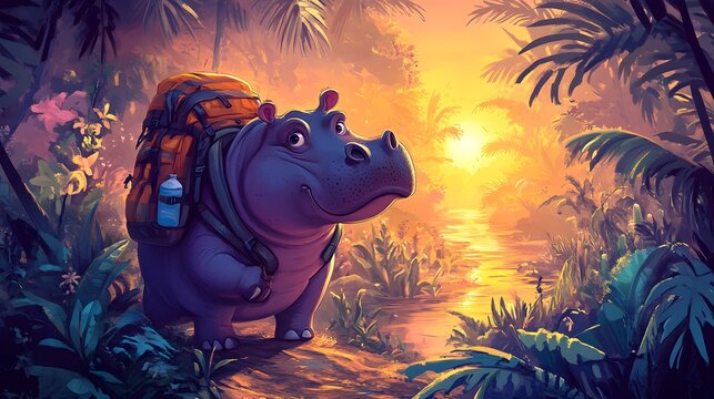 Playful hippo with a backpack exploring a jungle trail filled with wild plants and animals at sunset