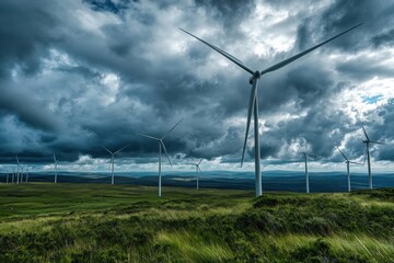 Wind turbine farm stretching to horizon, with copy space