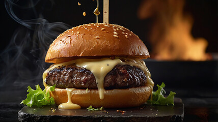 An indulgent, cheese-stuffed burger with layers of crispy fried onions, pickles, and dripping barbecue sauce.