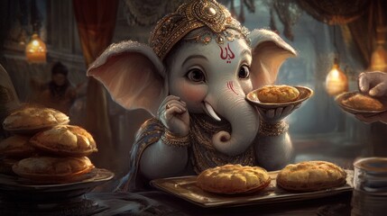 Obraz premium A cartoon elephant is eating food from a table